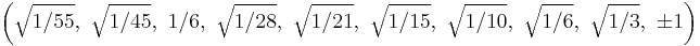 \left(\sqrt{1/55},\ \sqrt{1/45},\ 1/6,\ \sqrt{1/28},\ \sqrt{1/21},\ \sqrt{1/15},\ \sqrt{1/10},\ \sqrt{1/6},\ \sqrt{1/3},\ \pm1\right)