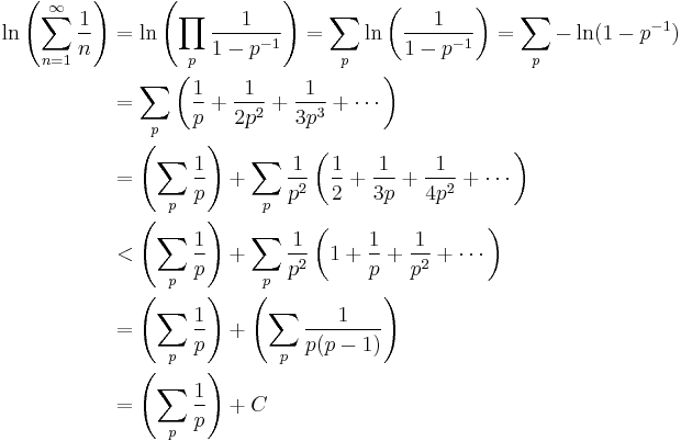 
\begin{align}
\ln \left( \sum_{n=1}^\infty \frac{1}{n}\right) & {} = \ln \left( \prod_p \frac{1}{1-p^{-1}}\right)
= \sum_p \ln \left( \frac{1}{1-p^{-1}}\right) = \sum_p - \ln(1-p^{-1}) \\
& {} = \sum_p \left( \frac{1}{p} %2B \frac{1}{2p^2} %2B \frac{1}{3p^3} %2B \cdots \right) \\
& {} = \left( \sum_{p}\frac{1}{p} \right) %2B \sum_p \frac{1}{p^2} \left( \frac{1}{2} %2B \frac{1}{3p} %2B \frac{1}{4p^2} %2B \cdots \right) \\
& {} < \left( \sum_p \frac{1}{p} \right) %2B \sum_p \frac{1}{p^2} \left( 1 %2B \frac{1}{p} %2B \frac{1}{p^2} %2B \cdots \right) \\
& {} = \left( \sum_p \frac{1}{p} \right) %2B \left( \sum_p \frac{1}{p(p-1)} \right) \\
& {} = \left( \sum_p \frac{1}{p} \right) %2B C
\end{align}
