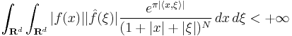 \int_{\mathbf{R}^d}\int_{\mathbf{R}^d}|f(x)||\hat{f}(\xi)|\frac{e^{\pi|\langle x,\xi\rangle|}}{(1%2B|x|%2B|\xi|)^N} \, dx \, d\xi < %2B\infty