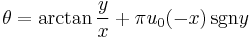 \theta=\arctan\frac{y}{x} %2B \pi u_0(-x) \, \operatorname{sgn} y 