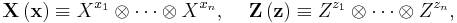 
\mathbf{X}\left(  \mathbf{x}\right)   \equiv X^{x_{1}}\otimes\cdots\otimes
X^{x_{n}}, \,\,\,\,\,\,\,
\mathbf{Z}\left(  \mathbf{z}\right)     \equiv Z^{z_{1}}\otimes\cdots\otimes
Z^{z_{n}},
