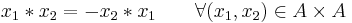  x_1 * x_2 = -x_2 * x_1 \qquad\forall(x_1,x_2)\in A\times A