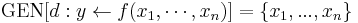 
{\mbox{GEN}}[d�: y \leftarrow f(x_1,\cdots,x_n)] = \{x_1,...,x_n\}
