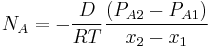  N_{A}=-\frac{D}{RT} \frac{(P_{A2}-P_{A1})}{x_{2}-x_{1}}