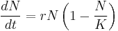 \frac{dN}{dt} = rN\left(1-\frac{N}{K}\right)\,