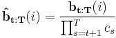 
\mathbf{\hat{b}_{t:T}}(i) =
\frac{\mathbf{b_{t:T}}(i)}{\prod_{s=t%2B1}^T c_s}
