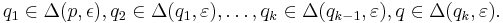 q_1\in \Delta(p,\epsilon), q_2 \in \Delta(q_1,\varepsilon),\ldots, q_k\in \Delta(q_{k-1},\varepsilon), q\in \Delta(q_k,\varepsilon). \, 