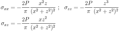 
  \begin{align}
  \sigma_{xx} & =-\frac{2P}{\pi}\frac{x^2z}{(x^2%2Bz^2)^2} ~;~~
  \sigma_{zz} =-\frac{2P}{\pi}\frac{z^3}{(x^2%2Bz^2)^2} \\
  \sigma_{xz} & =-\frac{2P}{\pi}\frac{xz^2}{(x^2%2Bz^2)^2}
  \end{align}
 