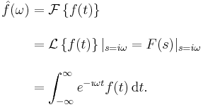 

\begin{align}
\hat{f}(\omega) & = \mathcal{F}\left\{f(t)\right\} \\[1em]
& = \mathcal{L}\left\{f(t)\right\}|_{s =  i\omega}  =  F(s)|_{s = i \omega}\\[1em]
& = \int_{-\infty}^{\infty} e^{-\imath \omega t} f(t)\,\mathrm{d}t.\\
\end{align}
