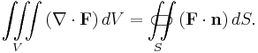 \iiint\limits_V\left(\nabla\cdot\mathbf{F}\right)dV=\iint\limits_{S}\!\!\!\!\!\!\!\!\!\!\!\subset\!\supset (\mathbf{F}\cdot\mathbf{n})\,dS .