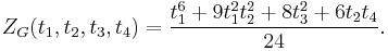 
Z_G(t_1,t_2,t_3,t_4) = \frac{t_1^6 %2B 9 t_1^2 t_2^2 %2B 8 t_3^2 %2B 6 t_2 t_4}{24}.
