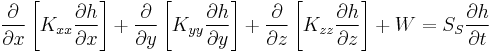 \frac{\partial}{\partial x} \left[ K_{xx} \frac{\partial h}{\partial x} \right] %2B \frac{\partial}{\partial y} \left[ K_{yy} \frac{\partial h}{\partial y} \right] %2B \frac{\partial}{\partial z} \left[ K_{zz} \frac{\partial h}{\partial z} \right] %2B W = S_{S} \frac{\partial h}{\partial t}