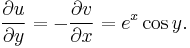 {\partial u \over \partial y} = -{\partial v \over \partial x} =  e^x \cos y.\,