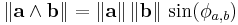 \Vert \mathbf a \wedge \mathbf b \Vert = \Vert \mathbf{a} \Vert \,
\Vert \mathbf{b} \Vert \, \sin(\phi_{a,b})