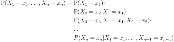 
\begin{align}
\mathrm{P}(X_1=x_1,\dots,X_n=x_n) = \; & \mathrm{P}(X_1=x_1)\cdot \\ & {} \mathrm{P}(X_2=x_2|X_1=x_1)\cdot \\ & \mathrm{P}(X_3=x_3|X_1=x_1,X_2=x_2) \cdot \\ & ... \\ & P(X_n=x_n|X_1=x_1,\dots,X_{n-1}=x_{n-1})
\end{align}
