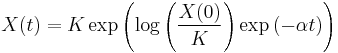  X(t) = K \exp\left( \log\left( \frac{X(0)}{K} \right) \exp\left(-\alpha t \right) \right) 