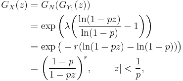 \begin{align}G_X(z)
&=G_N(G_{Y_1}(z))\\
&=\exp\biggl(\lambda\biggl(\frac{\ln(1-pz)}{\ln(1-p)}-1\biggr)\biggr)\\
&=\exp\bigl(-r(\ln(1-pz)-\ln(1-p))\bigr)\\
&=\biggl(\frac{1-p}{1-pz}\biggr)^r,\qquad |z|<\frac1p,\end{align}