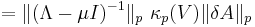 =\|(\Lambda-\mu I)^{-1}\|_p\ \kappa_p(V)\|\delta A\|_p