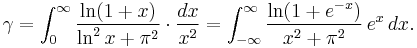 \gamma = \int_0^{\infty}\frac{\ln(1%2Bx)}{\ln^2 x %2B \pi^2}\cdot\frac{dx}{x^2}
 = \int_{-\infty}^{\infty}\frac{\ln(1%2Be^{-x})}{x^2 %2B \pi^2}\,e^x\,dx.