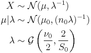 
\begin{align}
X & \sim \mathcal{N}(\mu, \lambda^{-1}) \\
\mu | \lambda &\sim \mathcal{N}(\mu_0, {(n_0 \lambda})^{-1}) \\
\lambda &\sim \mathcal{G}\left(\frac{\nu_0}{2},\frac{2}{S_0}\right)
\end{align}
