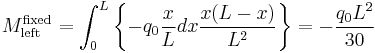 M_{\mathrm{left}}^{\mathrm{fixed}} = \int_{0}^{L} \left \{ - q_0 \frac{x}{L} dx \frac{x (L-x)}{L^2} \right \} = - \frac{q_0 L^2}{30}