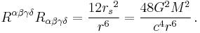 R^{\alpha\beta\gamma\delta} R_{\alpha\beta\gamma\delta} = \frac{12 {r_s}^2}{r^6} = \frac{48 G^2 M^2}{c^4 r^6} \,.