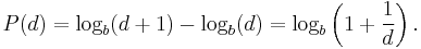 P(d)=\log_{b}(d%2B1)-\log_{b}(d)=\log_{b} \left(1%2B\frac{1}{d}\right).