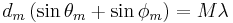  d_m \left( \sin{\theta_m} %2B \sin{\phi_m} \right) = M \lambda