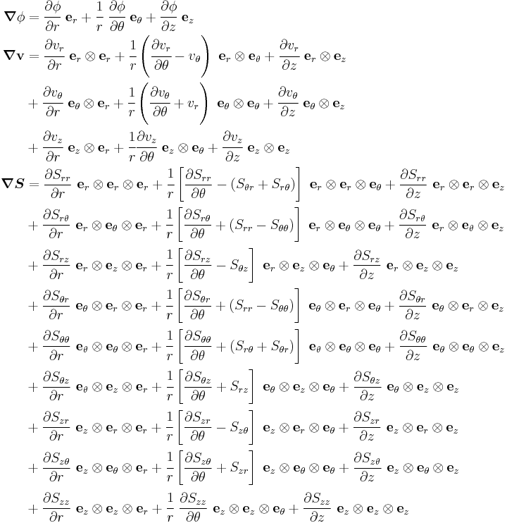 
   \begin{align}
   \boldsymbol{\nabla}\phi & = \cfrac{\partial \phi}{\partial r}~\mathbf{e}_r %2B \cfrac{1}{r}~\cfrac{\partial \phi}{\partial \theta}~\mathbf{e}_\theta %2B  \cfrac{\partial \phi}{\partial z}~\mathbf{e}_z\ \\
   \boldsymbol{\nabla}\mathbf{v} & = \cfrac{\partial v_r}{\partial r}~\mathbf{e}_r\otimes\mathbf{e}_r %2B 
     \cfrac{1}{r}\left(\cfrac{\partial v_r}{\partial \theta} - v_\theta\right)~\mathbf{e}_r\otimes\mathbf{e}_\theta %2B \cfrac{\partial v_r}{\partial z}~\mathbf{e}_r\otimes\mathbf{e}_z \\
 & %2B \cfrac{\partial v_\theta}{\partial r}~\mathbf{e}_\theta\otimes\mathbf{e}_r %2B 
     \cfrac{1}{r}\left(\cfrac{\partial v_\theta}{\partial \theta} %2B v_r \right)~\mathbf{e}_\theta\otimes\mathbf{e}_\theta %2B \cfrac{\partial v_\theta}{\partial z}~\mathbf{e}_\theta\otimes\mathbf{e}_z \\
 & %2B \cfrac{\partial v_z}{\partial r}~\mathbf{e}_z\otimes\mathbf{e}_r %2B 
     \cfrac{1}{r}\cfrac{\partial v_z}{\partial \theta}~\mathbf{e}_z\otimes\mathbf{e}_\theta %2B \cfrac{\partial v_z}{\partial z}~\mathbf{e}_z\otimes\mathbf{e}_z\\
   \boldsymbol{\nabla}\boldsymbol{S} & = \frac{\partial S_{rr}}{\partial r}~\mathbf{e}_r\otimes\mathbf{e}_r\otimes\mathbf{e}_r %2B
\cfrac{1}{r}\left[\frac{\partial S_{rr}}{\partial \theta} - (S_{\theta r}%2BS_{r\theta})\right]~\mathbf{e}_r\otimes\mathbf{e}_r\otimes\mathbf{e}_\theta %2B
\frac{\partial S_{rr}}{\partial z}~\mathbf{e}_r\otimes\mathbf{e}_r\otimes\mathbf{e}_z \\
 & %2B \frac{\partial S_{r\theta}}{\partial r}~\mathbf{e}_r\otimes\mathbf{e}_\theta\otimes\mathbf{e}_r %2B
\cfrac{1}{r}\left[\frac{\partial S_{r\theta}}{\partial \theta} %2B (S_{rr}-S_{\theta\theta})\right]~\mathbf{e}_r\otimes\mathbf{e}_\theta\otimes\mathbf{e}_\theta %2B
\frac{\partial S_{r\theta}}{\partial z}~\mathbf{e}_r\otimes\mathbf{e}_\theta\otimes\mathbf{e}_z \\
 & %2B \frac{\partial S_{rz}}{\partial r}~\mathbf{e}_r\otimes\mathbf{e}_z\otimes\mathbf{e}_r %2B
\cfrac{1}{r}\left[\frac{\partial S_{rz}}{\partial \theta} -S_{\theta z}\right]~\mathbf{e}_r\otimes\mathbf{e}_z\otimes\mathbf{e}_\theta %2B
\frac{\partial S_{rz}}{\partial z}~\mathbf{e}_r\otimes\mathbf{e}_z\otimes\mathbf{e}_z \\
 & %2B \frac{\partial S_{\theta r}}{\partial r}~\mathbf{e}_\theta\otimes\mathbf{e}_r\otimes\mathbf{e}_r %2B
\cfrac{1}{r}\left[\frac{\partial S_{\theta r}}{\partial \theta} %2B (S_{rr}-S_{\theta\theta})\right]~\mathbf{e}_\theta\otimes\mathbf{e}_r\otimes\mathbf{e}_\theta %2B
\frac{\partial S_{\theta r}}{\partial z}~\mathbf{e}_\theta\otimes\mathbf{e}_r\otimes\mathbf{e}_z \\
 & %2B \frac{\partial S_{\theta\theta}}{\partial r}~\mathbf{e}_\theta\otimes\mathbf{e}_\theta\otimes\mathbf{e}_r %2B
\cfrac{1}{r}\left[\frac{\partial S_{\theta\theta}}{\partial \theta} %2B (S_{r\theta}%2BS_{\theta r})\right]~\mathbf{e}_\theta\otimes\mathbf{e}_\theta\otimes\mathbf{e}_\theta %2B
\frac{\partial S_{\theta\theta}}{\partial z}~\mathbf{e}_\theta\otimes\mathbf{e}_\theta\otimes\mathbf{e}_z \\
 & %2B \frac{\partial S_{\theta z}}{\partial r}~\mathbf{e}_\theta\otimes\mathbf{e}_z\otimes\mathbf{e}_r %2B
\cfrac{1}{r}\left[\frac{\partial S_{\theta z}}{\partial \theta} %2B S_{rz}\right]~\mathbf{e}_\theta\otimes\mathbf{e}_z\otimes\mathbf{e}_\theta %2B
\frac{\partial S_{\theta z}}{\partial z}~\mathbf{e}_\theta\otimes\mathbf{e}_z\otimes\mathbf{e}_z \\
 & %2B \frac{\partial S_{zr}}{\partial r}~\mathbf{e}_z\otimes\mathbf{e}_r\otimes\mathbf{e}_r %2B
\cfrac{1}{r}\left[\frac{\partial S_{zr}}{\partial \theta} - S_{z\theta}\right]~\mathbf{e}_z\otimes\mathbf{e}_r\otimes\mathbf{e}_\theta %2B
\frac{\partial S_{zr}}{\partial z}~\mathbf{e}_z\otimes\mathbf{e}_r\otimes\mathbf{e}_z \\
 & %2B \frac{\partial S_{z\theta}}{\partial r}~\mathbf{e}_z\otimes\mathbf{e}_\theta\otimes\mathbf{e}_r %2B
\cfrac{1}{r}\left[\frac{\partial S_{z\theta}}{\partial \theta} %2B S_{zr}\right]~\mathbf{e}_z\otimes\mathbf{e}_\theta\otimes\mathbf{e}_\theta %2B
\frac{\partial S_{z\theta}}{\partial z}~\mathbf{e}_z\otimes\mathbf{e}_\theta\otimes\mathbf{e}_z \\
 & %2B \frac{\partial S_{zz}}{\partial r}~\mathbf{e}_z\otimes\mathbf{e}_z\otimes\mathbf{e}_r %2B
\cfrac{1}{r}~\frac{\partial S_{zz}}{\partial \theta}~\mathbf{e}_z\otimes\mathbf{e}_z\otimes\mathbf{e}_\theta %2B
\frac{\partial S_{zz}}{\partial z}~\mathbf{e}_z\otimes\mathbf{e}_z\otimes\mathbf{e}_z
   \end{align}
 