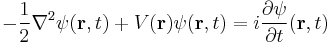 - \frac{1}{2} \nabla^2 \psi(\mathbf{r}, t) %2B V(\mathbf{r}) \psi(\mathbf{r}, t) = i \frac{\partial \psi}{\partial t} (\mathbf{r}, t)