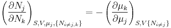 
\left(\frac{\partial N_j}{\partial N_k}\right)_{S,V,\mu_j,\{N_{i\ne j,k}\}} =
-\left(\frac{\partial \mu_k}{\partial \mu_j}\right)_{S,V\{N_{i\ne j}\}}
