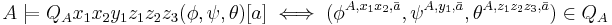 A\models Q_Ax_1x_2y_1z_1z_2z_3(\phi,\psi,\theta)[a] \iff (\phi^{A,x_1x_2,\bar{a}},\psi^{A,y_1,\bar{a}},\theta^{A,z_1z_2z_3,\bar{a}})\in Q_A