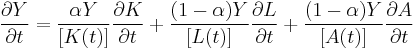 \frac{ \partial Y}{ \partial t} = \frac{ {\alpha}Y }{[K(t)]}  \frac{ \partial K}{ \partial t} %2B \frac{ (1 - {\alpha})Y }{[L(t)]} \frac{ \partial L}{ \partial t} %2B \frac{ (1 - {\alpha})Y }{[A(t)]} \frac{ \partial A}{ \partial t} 