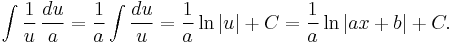 \int {1 \over u}\,{du \over a}={1 \over a}\int{du\over u}={1 \over a}\ln\left|u\right|%2BC = {1 \over a} \ln\left|ax%2Bb\right|%2BC.