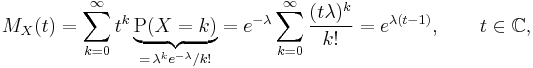 M_X(t)
=\sum_{k=0}^\infty t^k\underbrace{\operatorname{P}(X=k)}_{=\,\lambda^ke^{-\lambda}/k!}
=e^{-\lambda}\sum_{k=0}^\infty \frac{(t\lambda)^k}{k!} = e^{\lambda(t-1)},\qquad t\in\mathbb{C},
