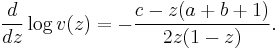\frac{d}{dz}\log v(z) = - \frac {c-z(a%2Bb%2B1)}{2z(1-z)}.