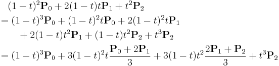 
\begin{align}
& {} \quad (1 - t)^{2}\mathbf{P}_0 %2B 2(1 - t)t\mathbf{P}_1 %2B t^{2}\mathbf{P}_2 \\
& = (1 - t)^{3}\mathbf{P}_0 %2B (1 - t)^{2}t\mathbf{P}_0 %2B 2(1 - t)^{2}t\mathbf{P}_1 \\
& {} \qquad %2B 2(1 - t)t^{2}\mathbf{P}_1 %2B (1 - t)t^{2}\mathbf{P}_2 %2B t^{3}\mathbf{P}_2 \\
& = (1 - t)^{3}\mathbf{P}_0
%2B 3(1 - t)^{2}t\frac{\mathbf{P}_0 %2B 2\mathbf{P}_1}{3}
%2B 3(1 - t)t^{2}\frac{2\mathbf{P}_1 %2B \mathbf{P}_2}{3}
%2B t^{3}\mathbf{P}_2
\end{align}
