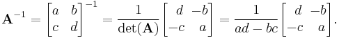 \mathbf{A}^{-1} = \begin{bmatrix}
a & b \\ c & d \\ 
\end{bmatrix}^{-1} =
\frac{1}{\det(\mathbf{A})} \begin{bmatrix}
\,\,\,d & \!\!-b \\ -c & \,a \\ 
\end{bmatrix} =
\frac{1}{ad - bc} \begin{bmatrix}
\,\,\,d & \!\!-b \\ -c & \,a \\ 
\end{bmatrix}.