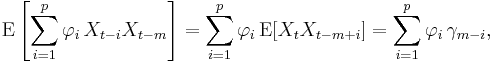 \operatorname{E}\left[\sum_{i=1}^p \varphi_i\,X_{t-i} X_{t-m}\right]
= \sum_{i=1}^p \varphi_i\,\operatorname{E}[X_{t} X_{t-m%2Bi}]
= \sum_{i=1}^p \varphi_i\,\gamma_{m-i},
