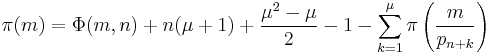 \pi(m)=\Phi(m,n)%2Bn(\mu%2B1)%2B\frac{\mu^2-\mu}{2}-1-\sum_{k=1}^\mu\pi\left(\frac{m}{p_{n%2Bk}}\right)