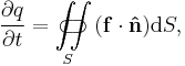 \frac{\partial q}{\partial t} = \iint\limits_{S}\!\!\!\!\!\!\!\!\!\!\!\subset\!\supset (\mathbf{f}\cdot\mathbf{\hat{n}})\mathrm{d}S ,