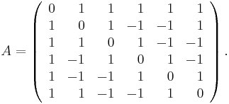 A=\left(\begin{array}{crrrrr}
0&1&1&1&1&1\\
1&0&1&-1&-1&1\\
1&1&0&1&-1&-1\\
1&-1&1&0&1&-1\\
1&-1&-1&1&0&1\\
1&1&-1&-1&1&0\end{array}\right).