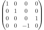   
\begin{pmatrix} 
1 & 0 & 0 & 0 \\ 
0 & 1 & 0 & 0 \\ 
0 & 0 & 0 & 1 \\ 
0 & 0 & -1 & 0
\end{pmatrix}
\quad
