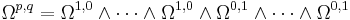 \Omega^{p,q}=\Omega^{1,0}\wedge\dotsb\wedge\Omega^{1,0}\wedge\Omega^{0,1}\wedge\dotsb\wedge\Omega^{0,1}