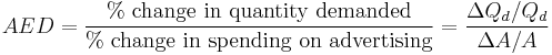 AED = \frac{\%\ \mbox{change in quantity demanded}}{\%\ \mbox{change in spending on advertising}} = \frac{\Delta Q_d/Q_d}{\Delta A/A} 