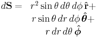 \begin{matrix}
d\mathbf{S} = & r^2 \sin\theta \,d\theta \,d\phi \,\mathbf{\hat r} %2B \\
& r\sin\theta \,dr\,d\phi \,\boldsymbol{\hat \theta} %2B \\
& r\,dr\,d\theta\,\boldsymbol{\hat \phi}
\end{matrix}