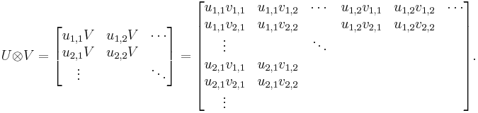 U \otimes V
        = \begin{bmatrix} u_{1,1}V & u_{1,2}V & \cdots \\
                          u_{2,1}V & u_{2,2}V \\
                          \vdots  &         & \ddots
          \end{bmatrix}
 = \begin{bmatrix}
       u_{1,1}v_{1,1} & u_{1,1}v_{1,2} & \cdots & u_{1,2}v_{1,1} & u_{1,2}v_{1,2} & \cdots \\
       u_{1,1}v_{2,1} & u_{1,1}v_{2,2} &        & u_{1,2}v_{2,1} & u_{1,2}v_{2,2} \\
       \vdots       &              & \ddots \\
       u_{2,1}v_{1,1} & u_{2,1}v_{1,2} \\
       u_{2,1}v_{2,1} & u_{2,1}v_{2,2} \\
       \vdots
   \end{bmatrix}.