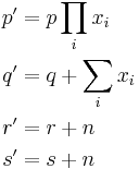 \begin{align}
  p' &= p\prod_i x_i\\
  q' &= q %2B \sum_i x_i\\
  r' &= r %2B n\\
  s' &= s %2B n
\end{align}
