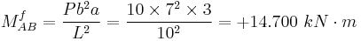 M _{AB} ^f = \frac{Pb^2a }{L^2} = \frac{10 \times 7^2 \times 3}{10^2} = %2B 14.700 \ kN\cdot m