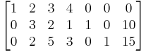 
  \begin{bmatrix}
    1 & 2 & 3 & 4 & 0 & 0 &  0 \\   
    0 & 3 & 2 & 1 & 1 & 0 & 10 \\
    0 & 2 & 5 & 3 & 0 & 1 & 15
  \end{bmatrix}
